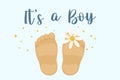 Postcard for newborns with text It\'s a boy. Baby little feet with a flower